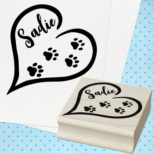 Heart with Paw Print Trail and Custom Name Rubber Stamp