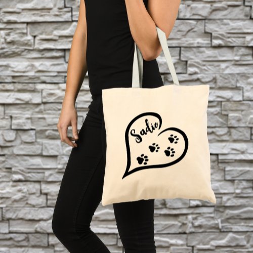 Heart with Paws and Custom Name Tote for Dog Stuff
