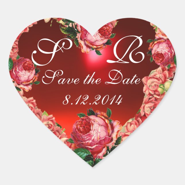 HEART WITH PINK ROSES SAVE THE DATE MONOGRAM STICKER (Front)