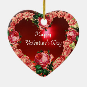 HEART WITH PINK ROSES VALENTINE'S DAY MONOGRAM CERAMIC ORNAMENT