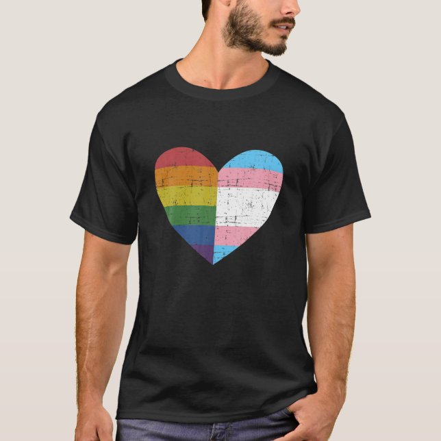 Heart With Rainbow And Transgender Flag For Pride T-Shirt (Front)