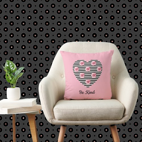 Heart with Romantic Black Striped Roses on Pink  Throw Pillow