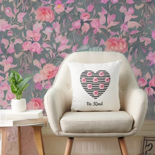 Heart with Romantic Black Striped Roses on White Throw Pillow