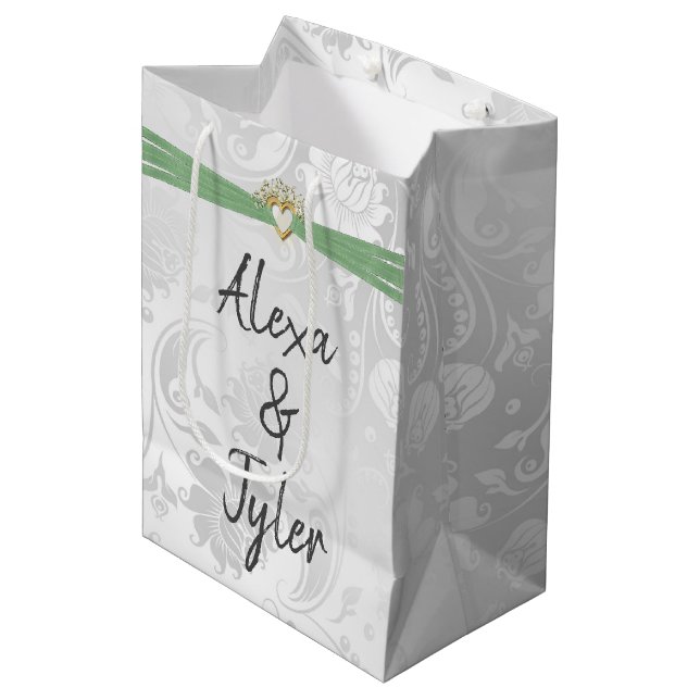Heart with Sage Green Ribbon On Damask Medium Gift Bag (Front Angled)