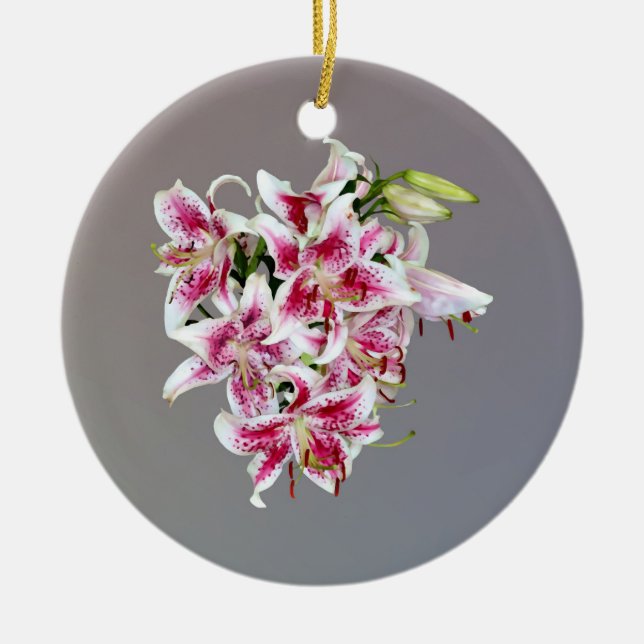 Heart With Stargazer Lilies Ceramic Ornament (Front)