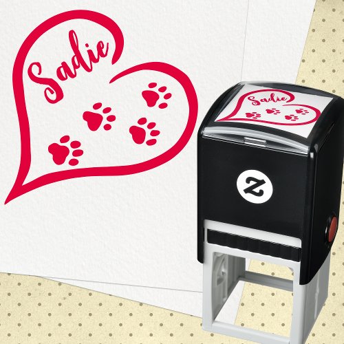 Heart with Trailing Paw Prints and Custom Name Self_inking Stamp