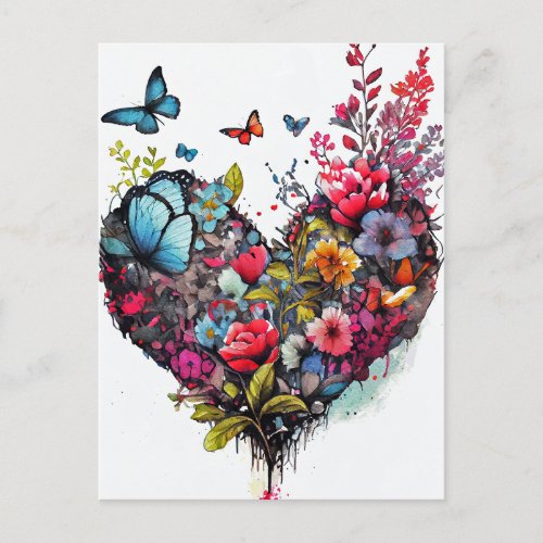 Heart with watercolor flowers and butterflies card