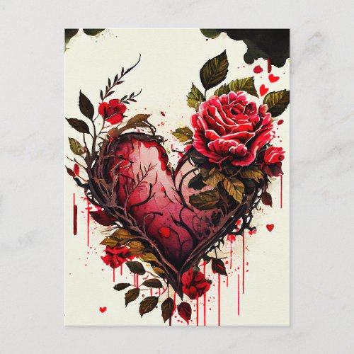 Heart with watercolor flowers red roses love card
