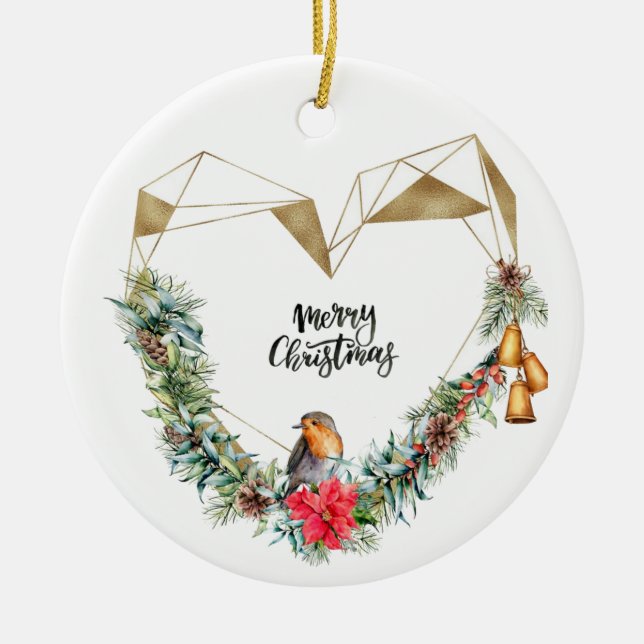 Heart with Wreath & Robin Ceramic Ornament (Front)