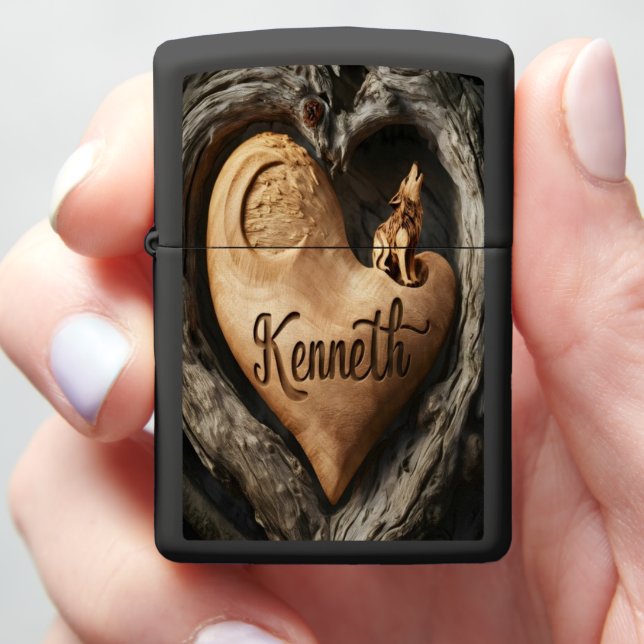 Heart wood Wolf Zippo Lighter (In Hand)