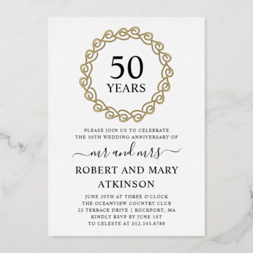 Heart Wreath 50th Wedding Anniversary Party Foil Invitation