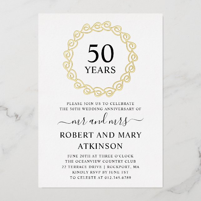 Heart Wreath 50th Wedding Anniversary Party Foil Invitation (Front)