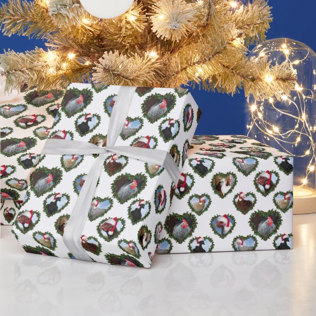 Heart Wreath Chickens Christmas Wrapping Paper (Holidays)