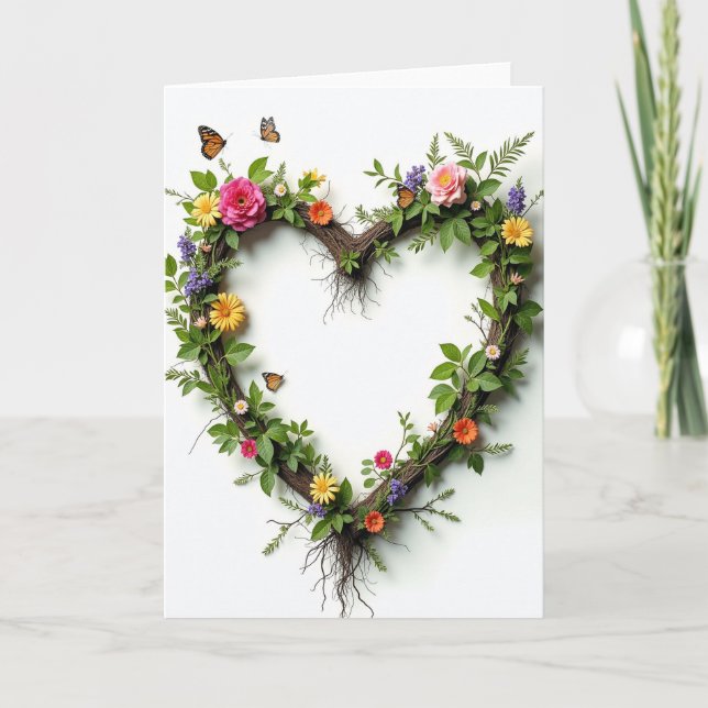 Heart Wreath Flowers Butterflies Card (Front)