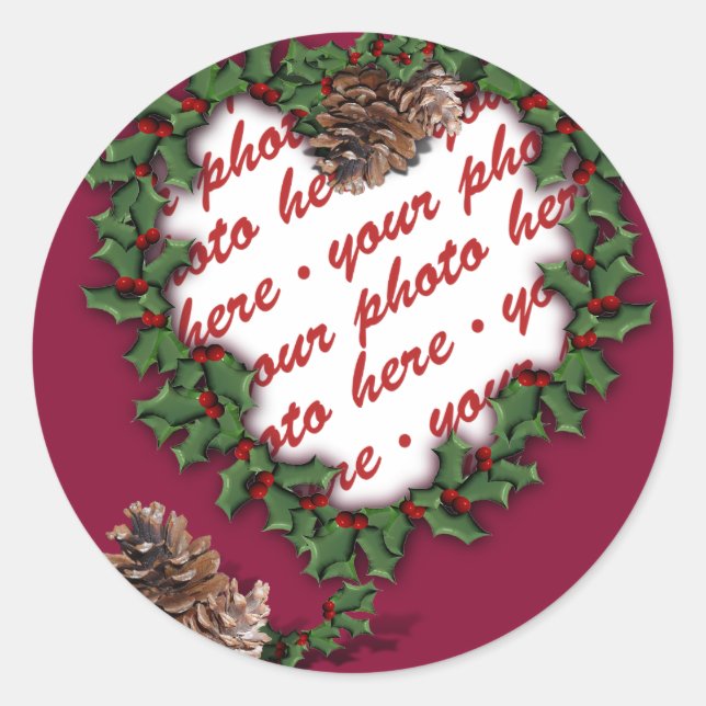 Heart Wreath Photo Frame Classic Round Sticker (Front)
