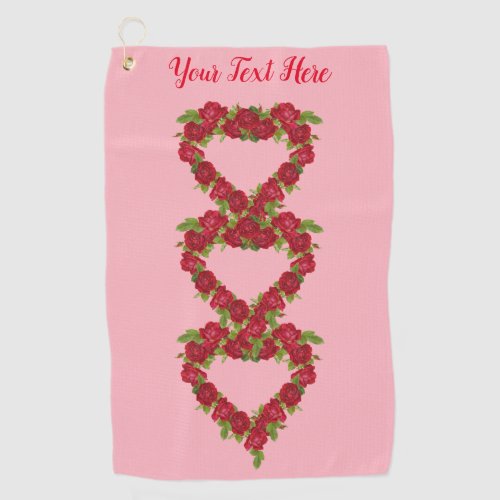 Heart Wreaths of Pretty Red Roses Leaves Pink Golf Towel