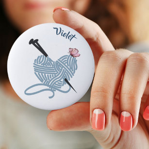 Heart Yarn Ball w. Knitting Needles - Personalized Button