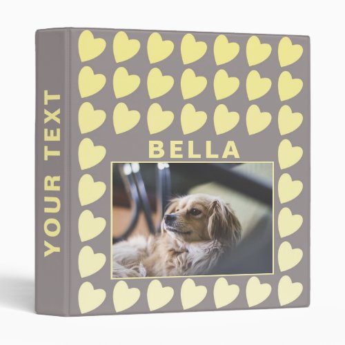 Heart Yellow Gray Pattern Pet Dog Photo Album 3 Ring Binder - Heart Yellow Gray Pattern Pet Dog Photo Album. The binder has a photo of a pet and the pet`s name. The background has a cute yellow heart pattern. Personalize the binder with your dog or any other pet photo and your dog or pet name. Change or erase the text on the spine. A great keepsake gift, photo album, and scrapbook album.