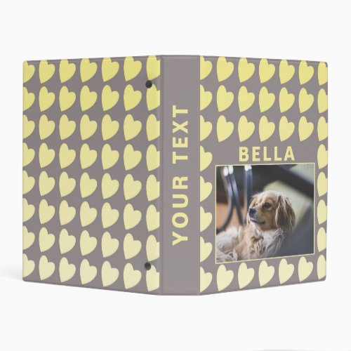 Heart Yellow Gray Pattern Pet Dog Photo Album  Mini Binder - Heart Yellow Gray Pattern Pet Dog Mini Photo Album. The binder has a photo of a pet and the pet`s name. The background has a cute yellow heart pattern. Personalize the binder with your dog or any other pet photo and your dog or pet name. Change or erase the text on the spine. A great keepsake gift, photo album, and scrapbook album.