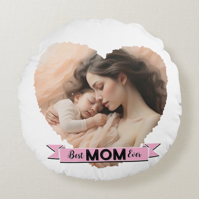 Heart You, Best Mom Ever Ribbon Round Pillow (Front)