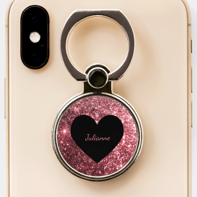 Heart & Your Name Pink Glitter Phone Ring Stand (Close Up)