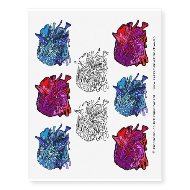 Heart Zen Blue and Red Temporary Tattoos (Front)
