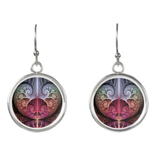 Heartbeat, Abstract Surreal Fantasy Fractal Art Earrings (Front)