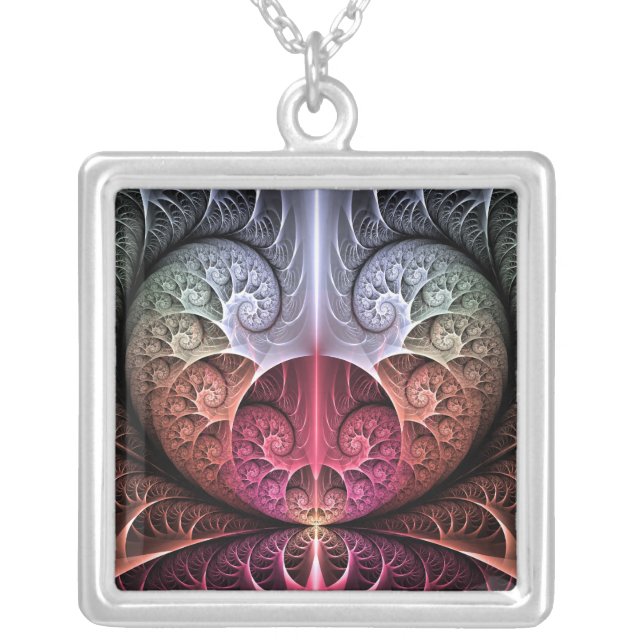 Heartbeat, Abstract Surreal Fantasy Fractal Art Silver Plated Necklace (Front)