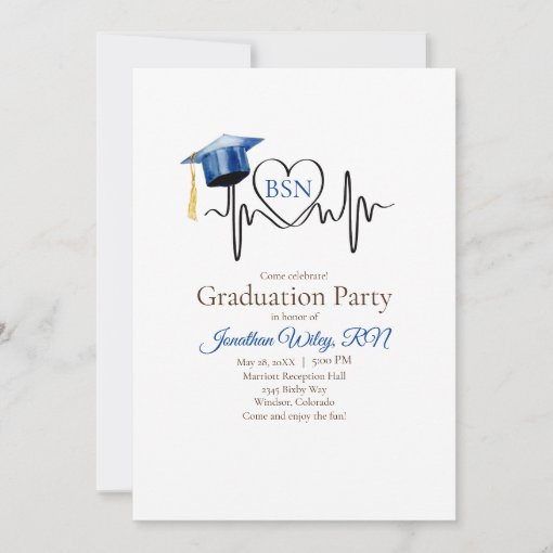 Heartbeat and Blue Graduation Cap Invitation Zazzle