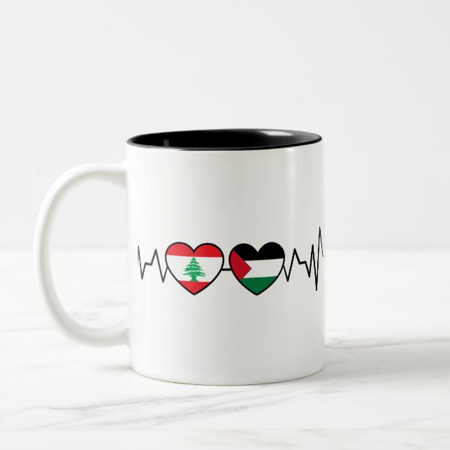 Heartbeat Lebanon Palestine Unity Flags. Two-Tone Coffee Mug (Left)