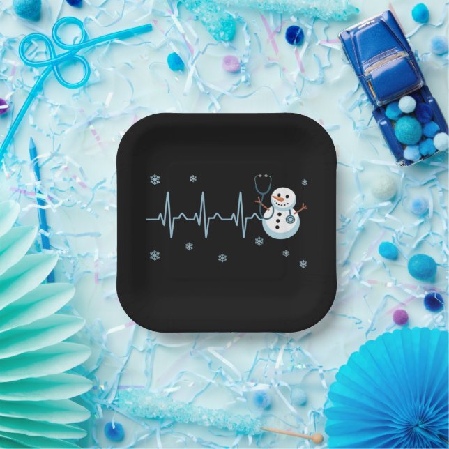 Heartbeat Nurse Snowman Christmas  Paper Plates (Party)