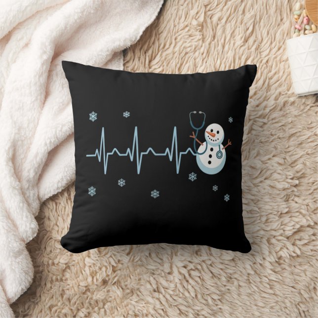 Heartbeat Nurse Snowman Christmas  Throw Pillow (Blanket)