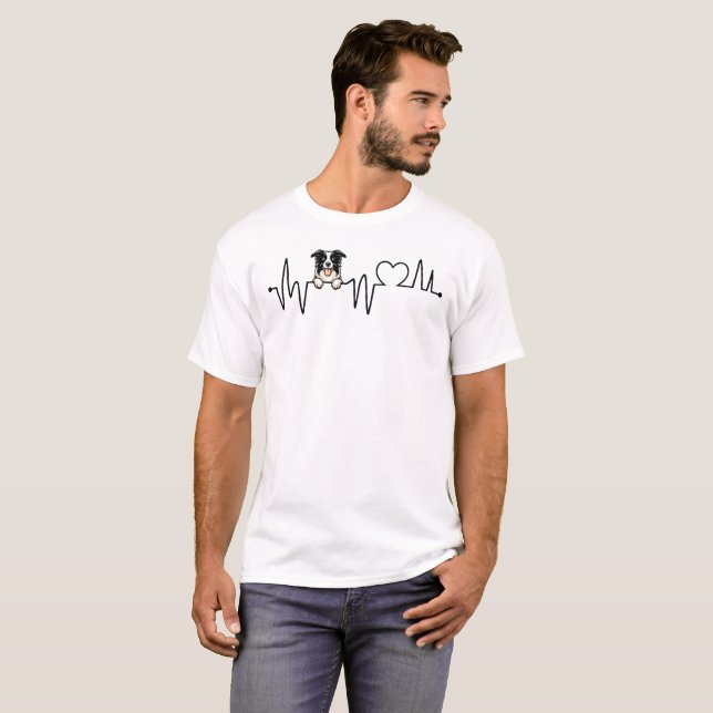 Heartbeat with Border Collie Peeking and Heart  T-Shirt (Front Full)