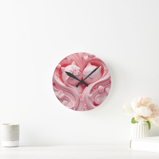 Heartbound Cats in Pastel Pink Round Clock (Home)