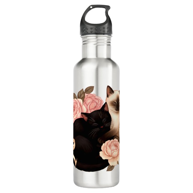 Heartbound: Siamese & Black Cats in Bloom Stainless Steel Water Bottle (Front)