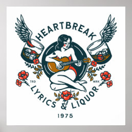 Heartbreak Lyrics &amp; Liquor. Pinup Guitar Girl Art Poster