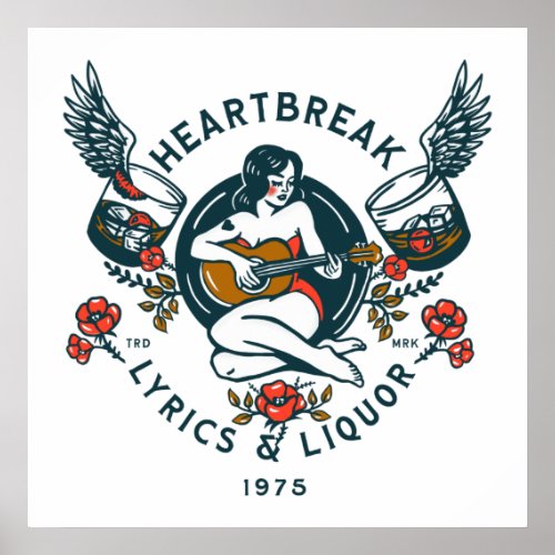 Heartbreak Lyrics  Liquor Pinup Guitar Girl Art Poster