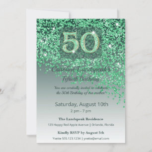 Heartfelt 50th Birthday Green Glitter  Invitation