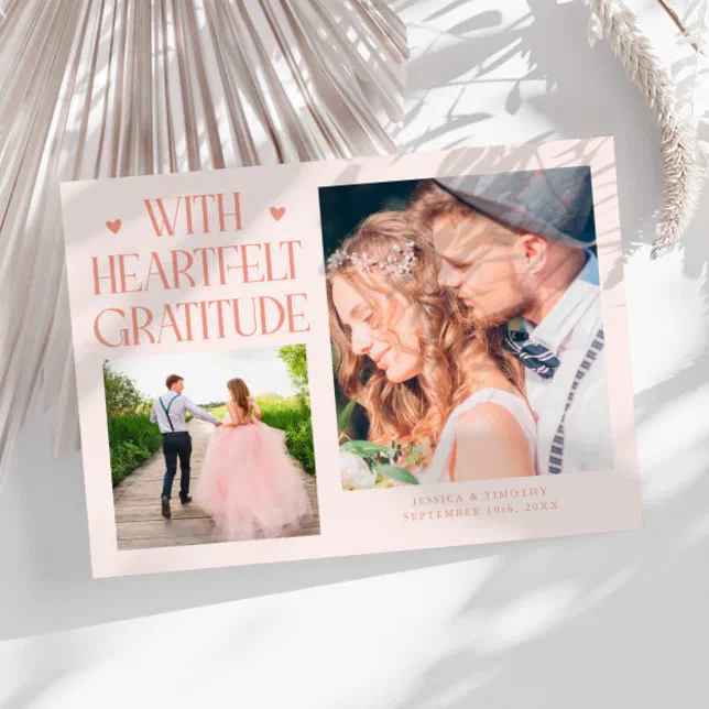 Heartfelt Gratitude Peach Wedding Photo Thank You Card | Zazzle