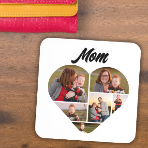 Heartfelt Mom Gift Heart Shape Photo Collage Beverage Coaster