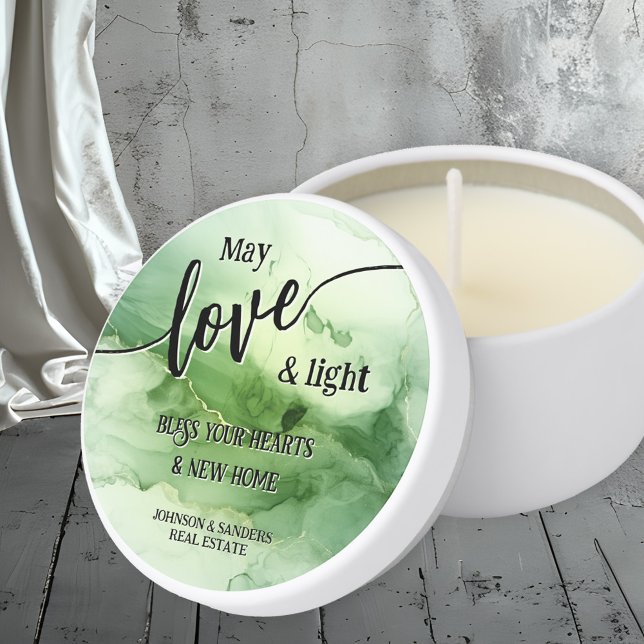 Heartfelt New Home Real Estate Mini Candle Favors (Elegant mini candle real estate favor featuring a script love text and blessings for a new home)