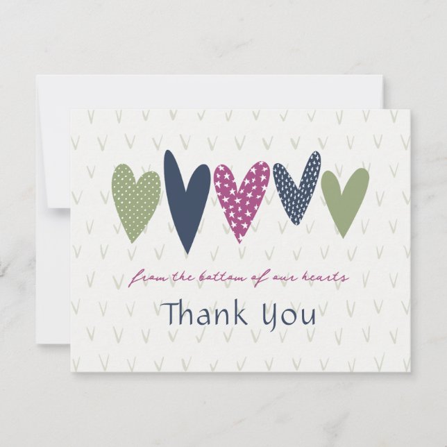 Heartfelt Thank you Hearts Avocado Magenta Note Card (Front)
