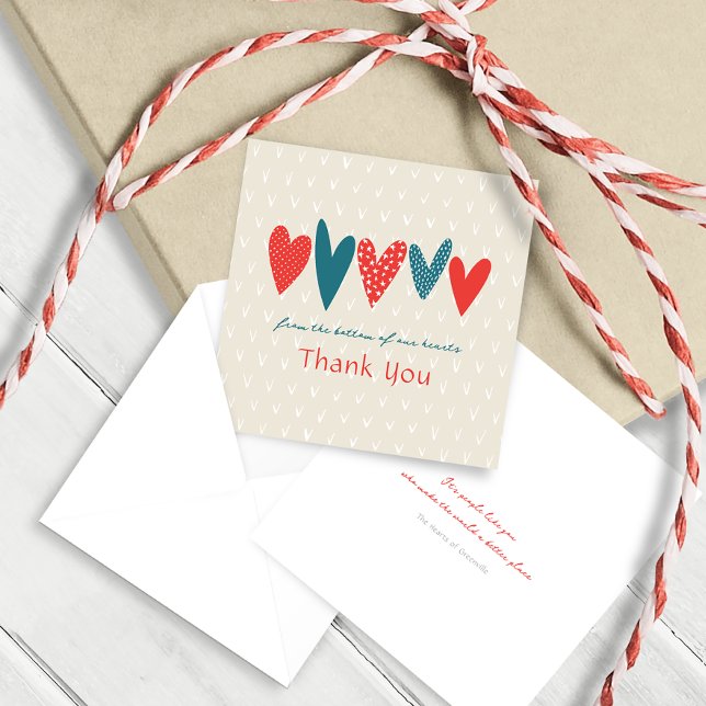 Heartfelt Thank you Hearts Small Teal Red Note Card (Creator Uploaded)