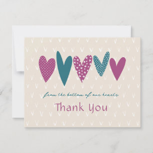 Heartfelt Thank you Hearts Teal Magenta Note Card