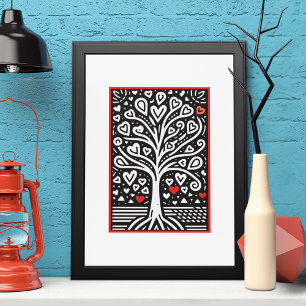 Heartfelt Tree of Love: Black & White Folk Art  Poster