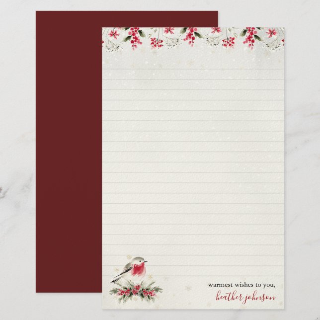 Hearthlight Notes Winter Robin Bird Personalized Stationery (Front/Back)