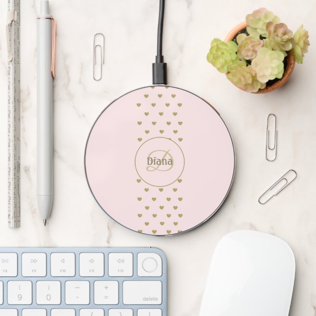 Hearths Rose Minimalist with name & Monogram Wireless Charger (Desk)