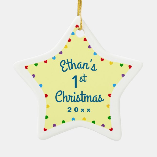 Hearts 1st First Baby's Christmas Gift Star Ceramic Ornament (Back)