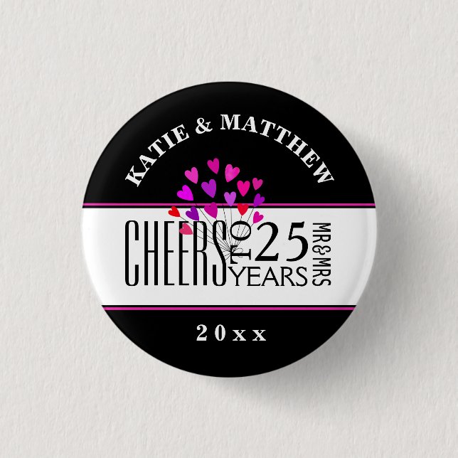 Hearts 25th Modern Wedding Anniversary Dated Gift Button (Front)