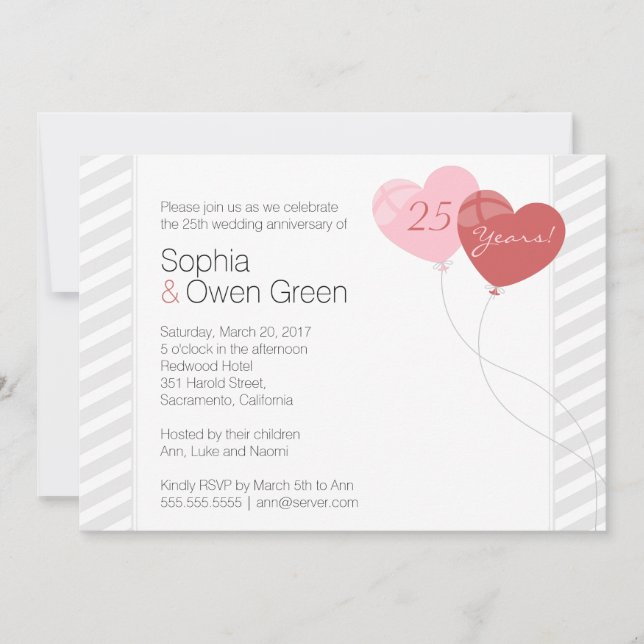 Hearts 25th Silver Wedding Anniversary Party Invitation (Front)